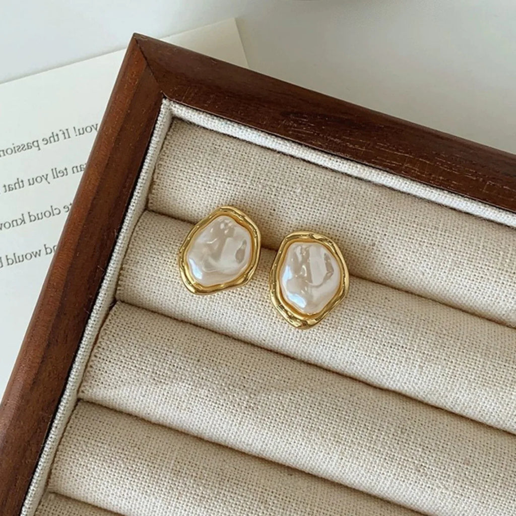 Irregular Pearl & Metal Stud Earrings
