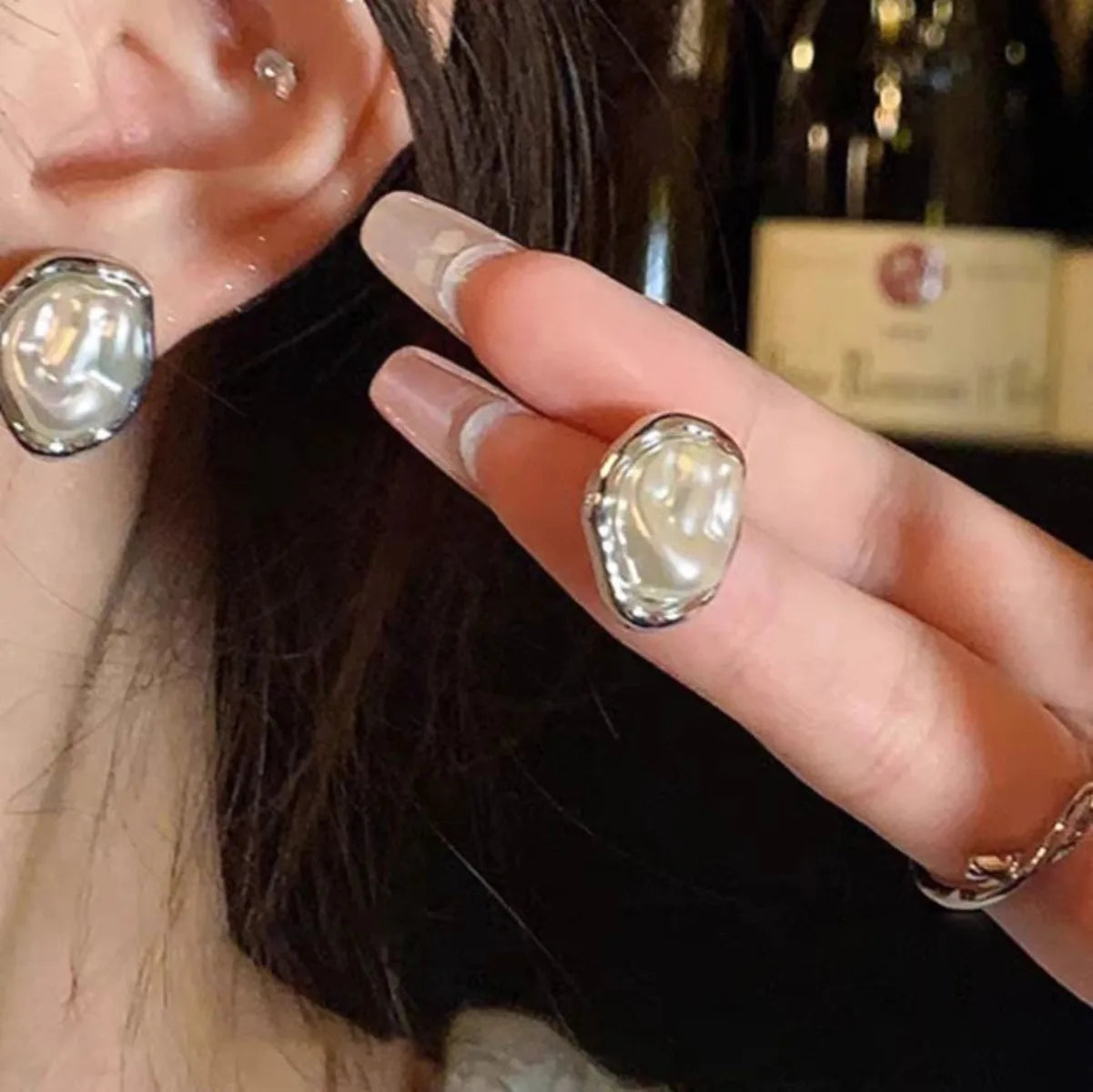 Irregular Pearl & Metal Stud Earrings