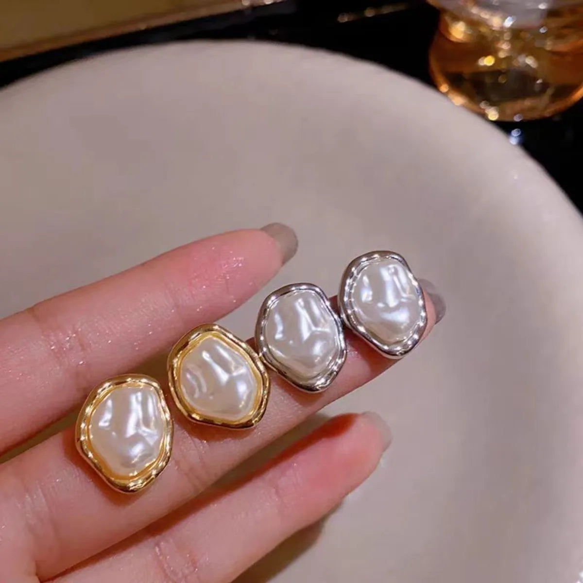 Irregular Pearl & Metal Stud Earrings