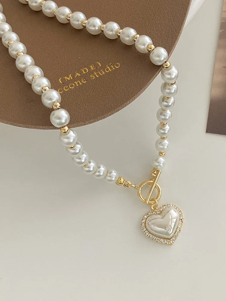 Heart Imitation Pearl Pendant Necklace and Earrings Set