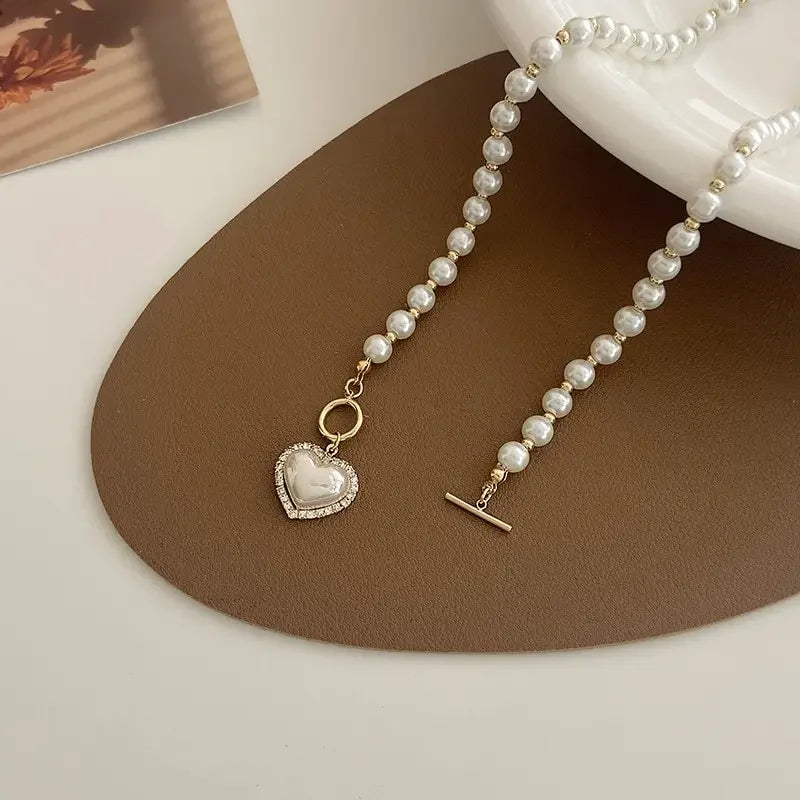 Heart Imitation Pearl Pendant Necklace and Earrings Set