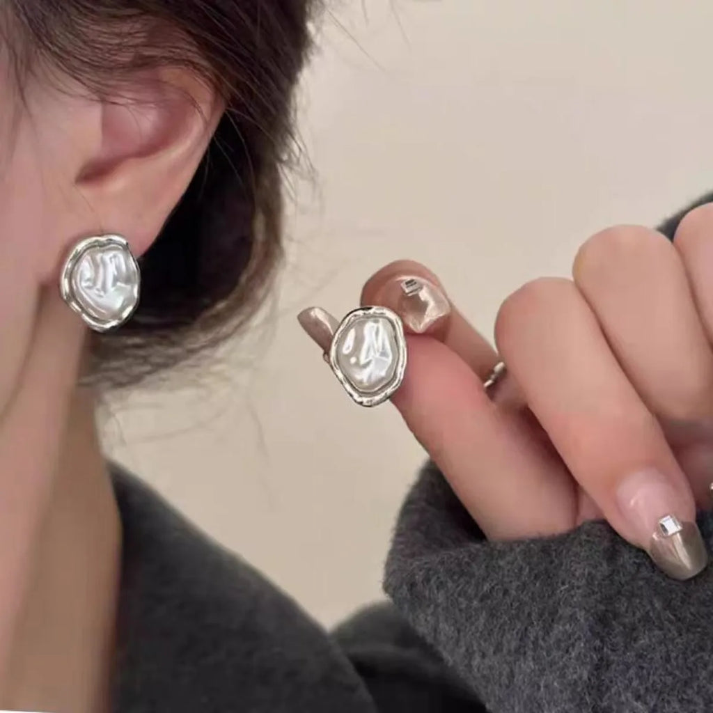 Irregular Pearl & Metal Stud Earrings