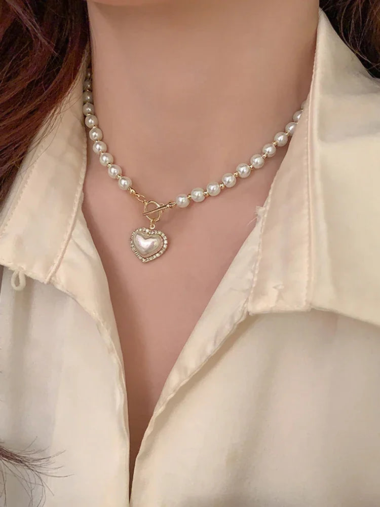 Heart Imitation Pearl Pendant Necklace and Earrings Set