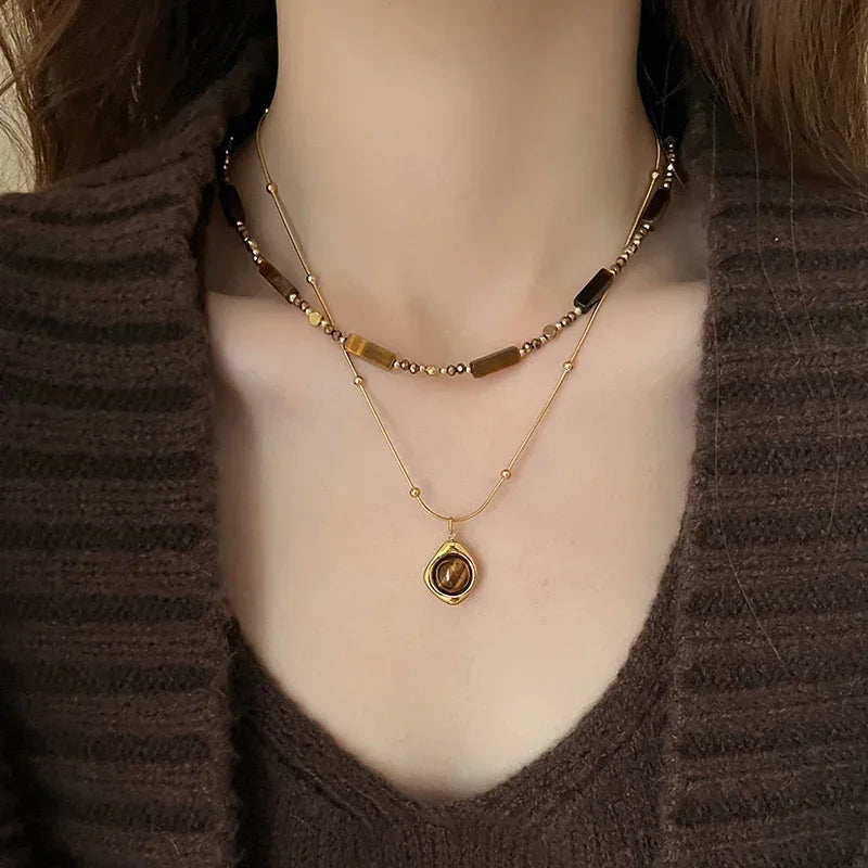 Layered Bamboo-Style Stone Pendant Necklace