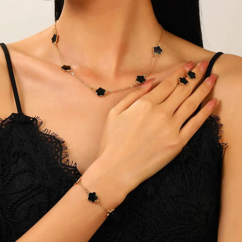 Five-Petal Flower Necklace Bracelet Earrings Set