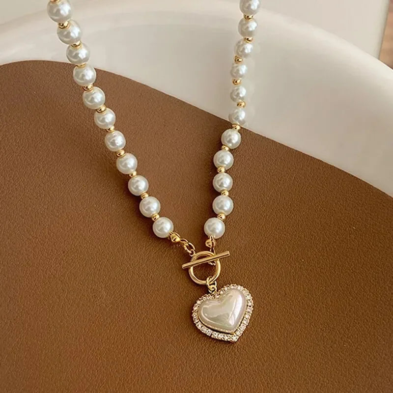 Heart Imitation Pearl Pendant Necklace and Earrings Set