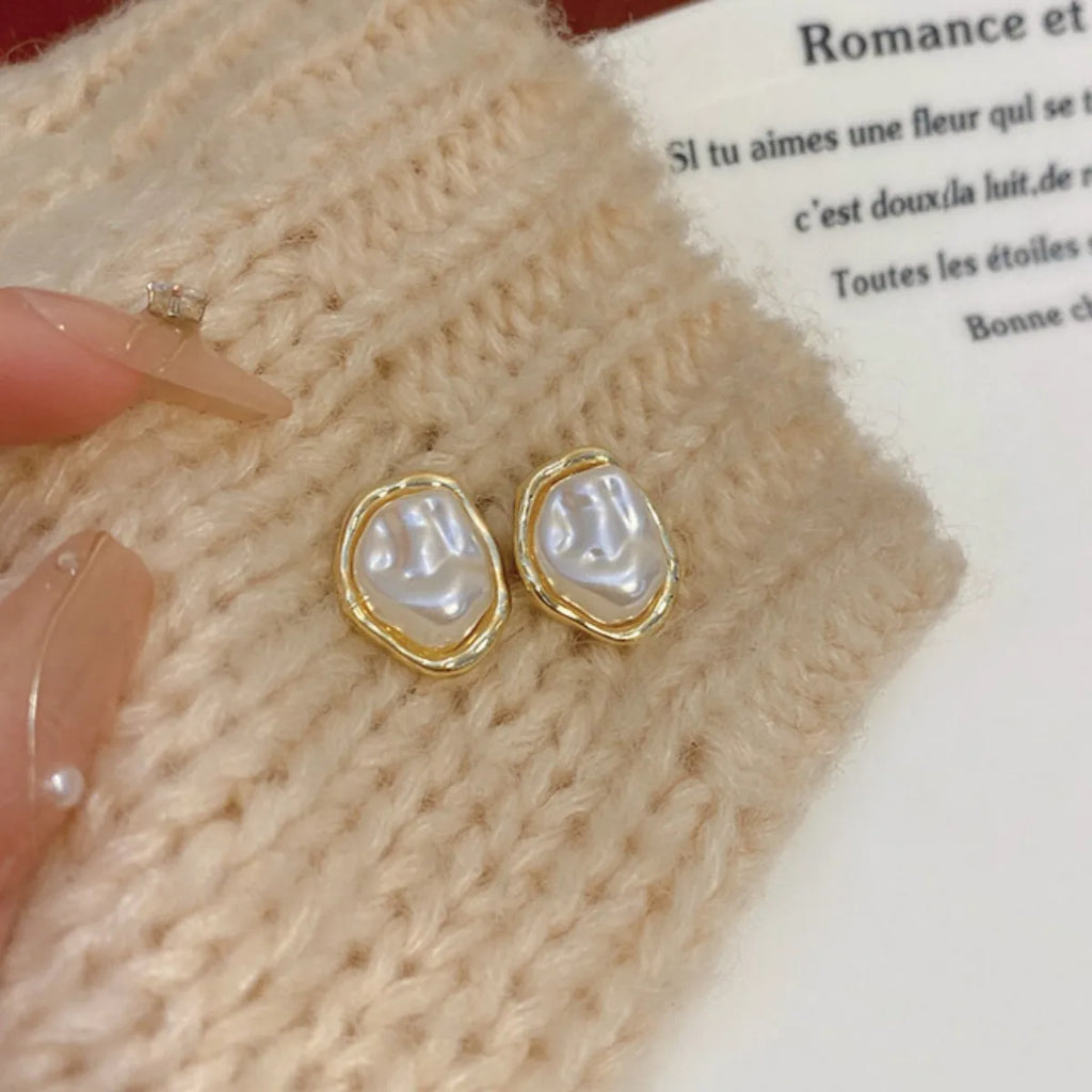 Irregular Pearl & Metal Stud Earrings