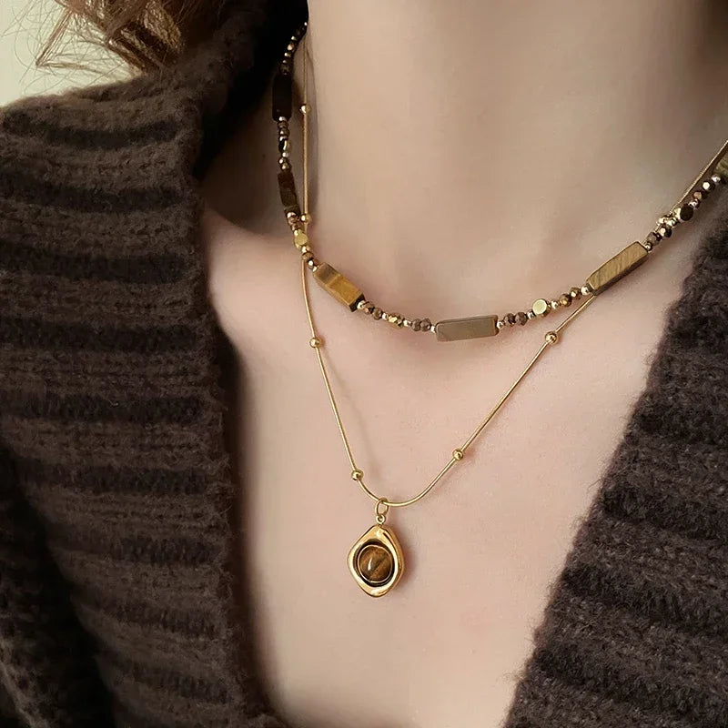 Layered Bamboo-Style Stone Pendant Necklace