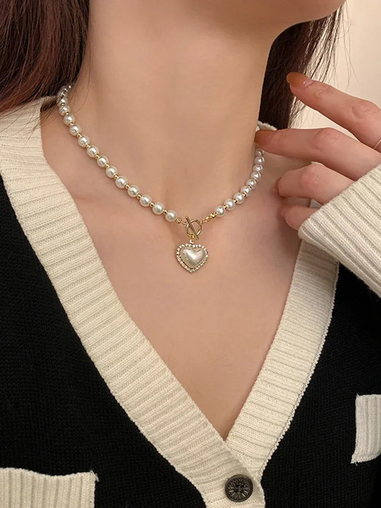 Heart Imitation Pearl Pendant Necklace and Earrings Set