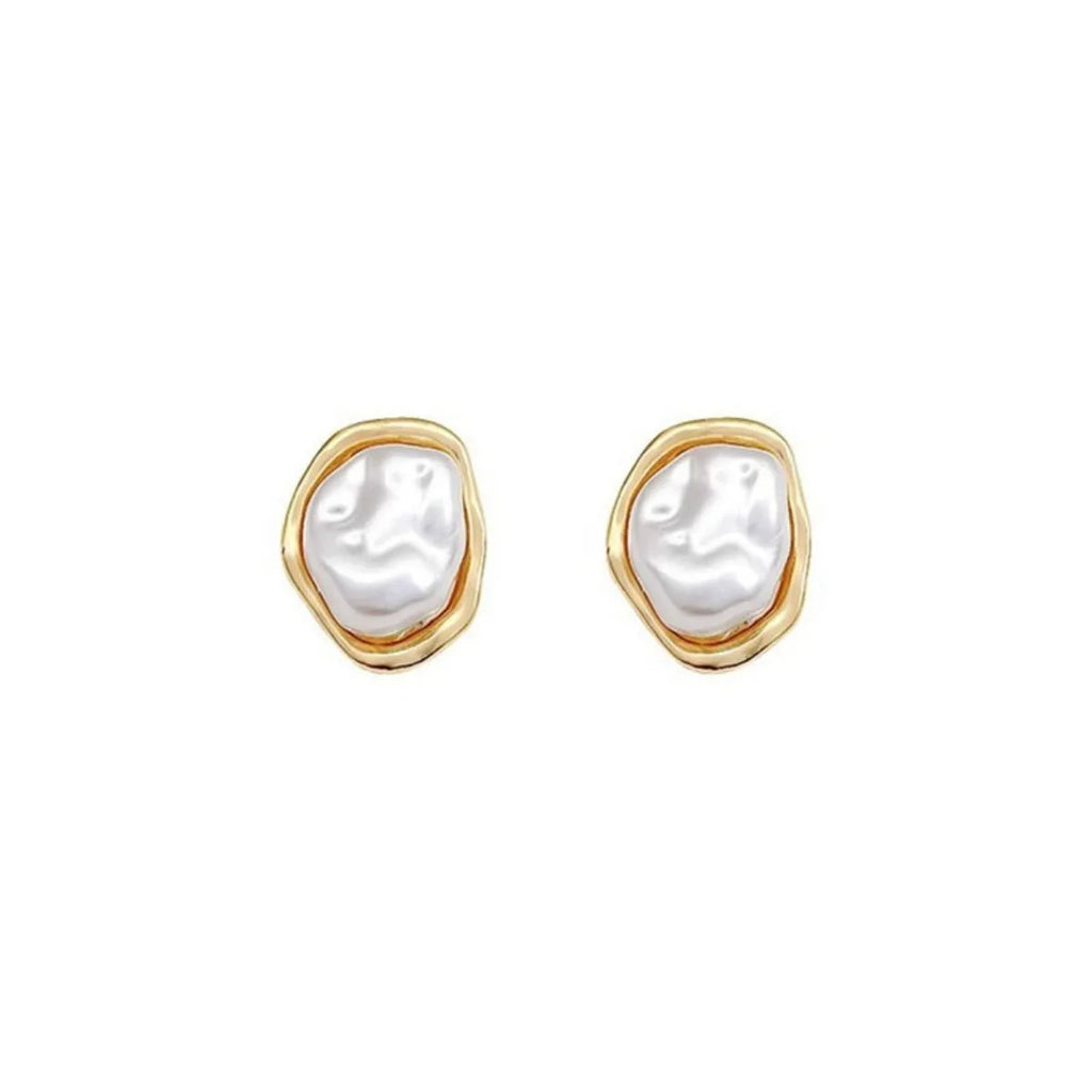 Irregular Pearl & Metal Stud Earrings