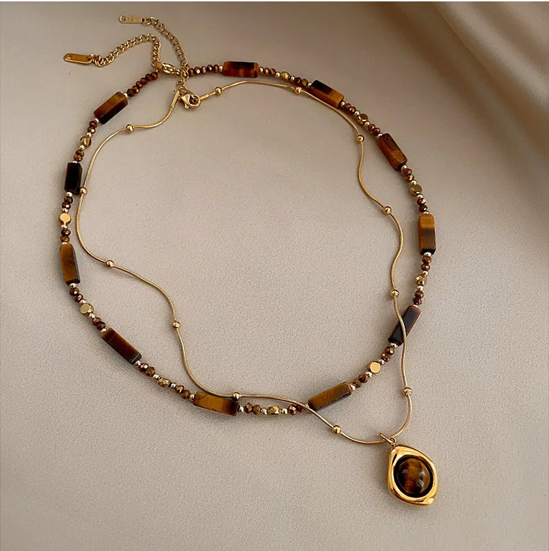Layered Bamboo-Style Stone Pendant Necklace