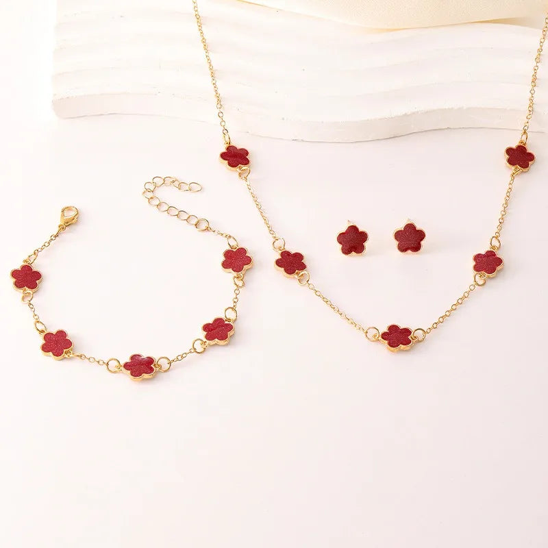 Five-Petal Flower Necklace Bracelet Earrings Set