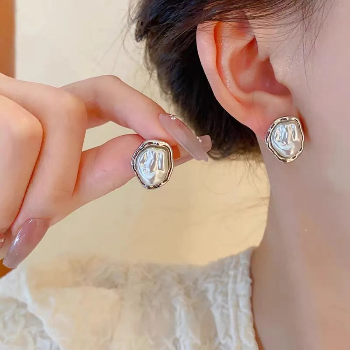 Irregular Pearl & Metal Stud Earrings