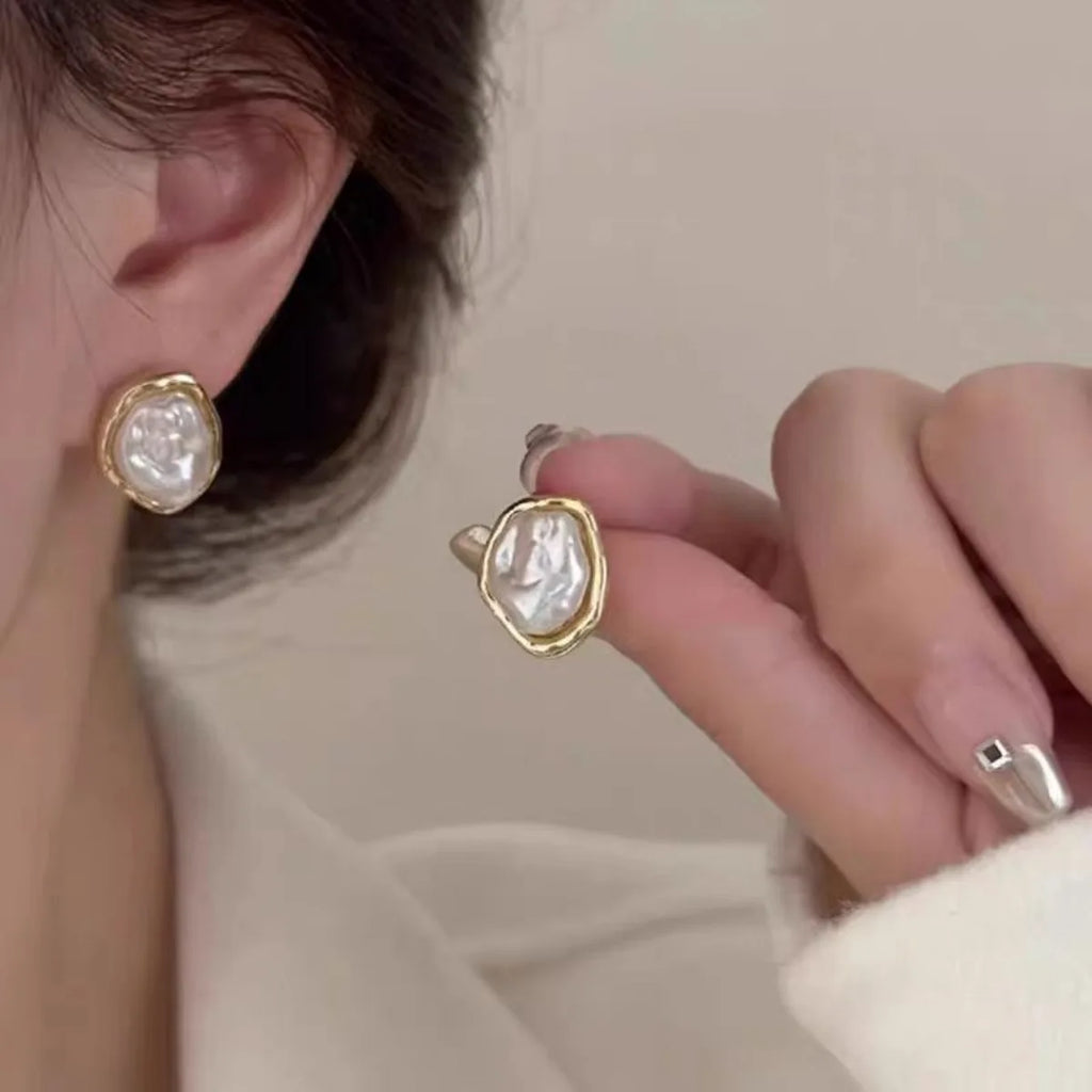 Irregular Pearl & Metal Stud Earrings