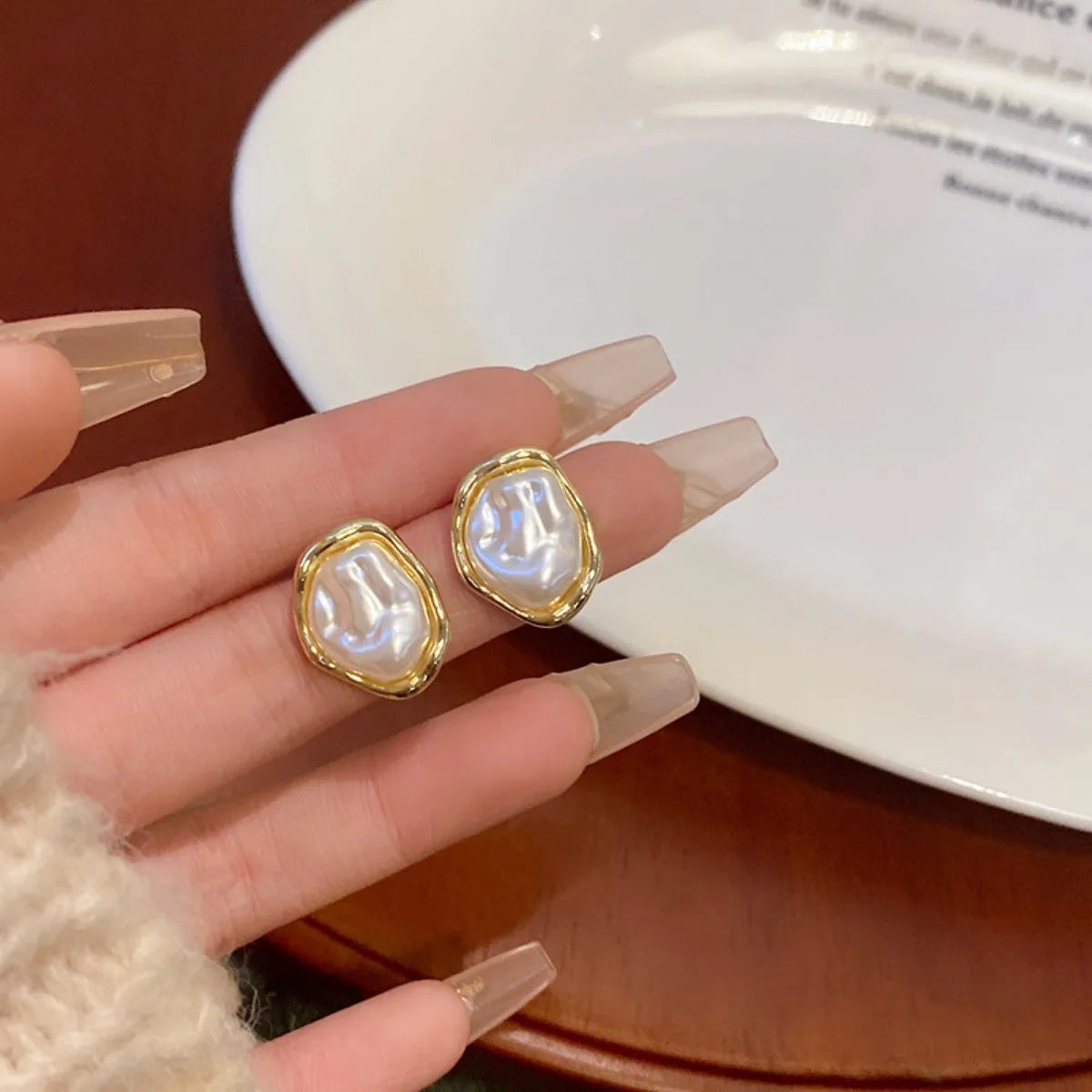 Irregular Pearl & Metal Stud Earrings