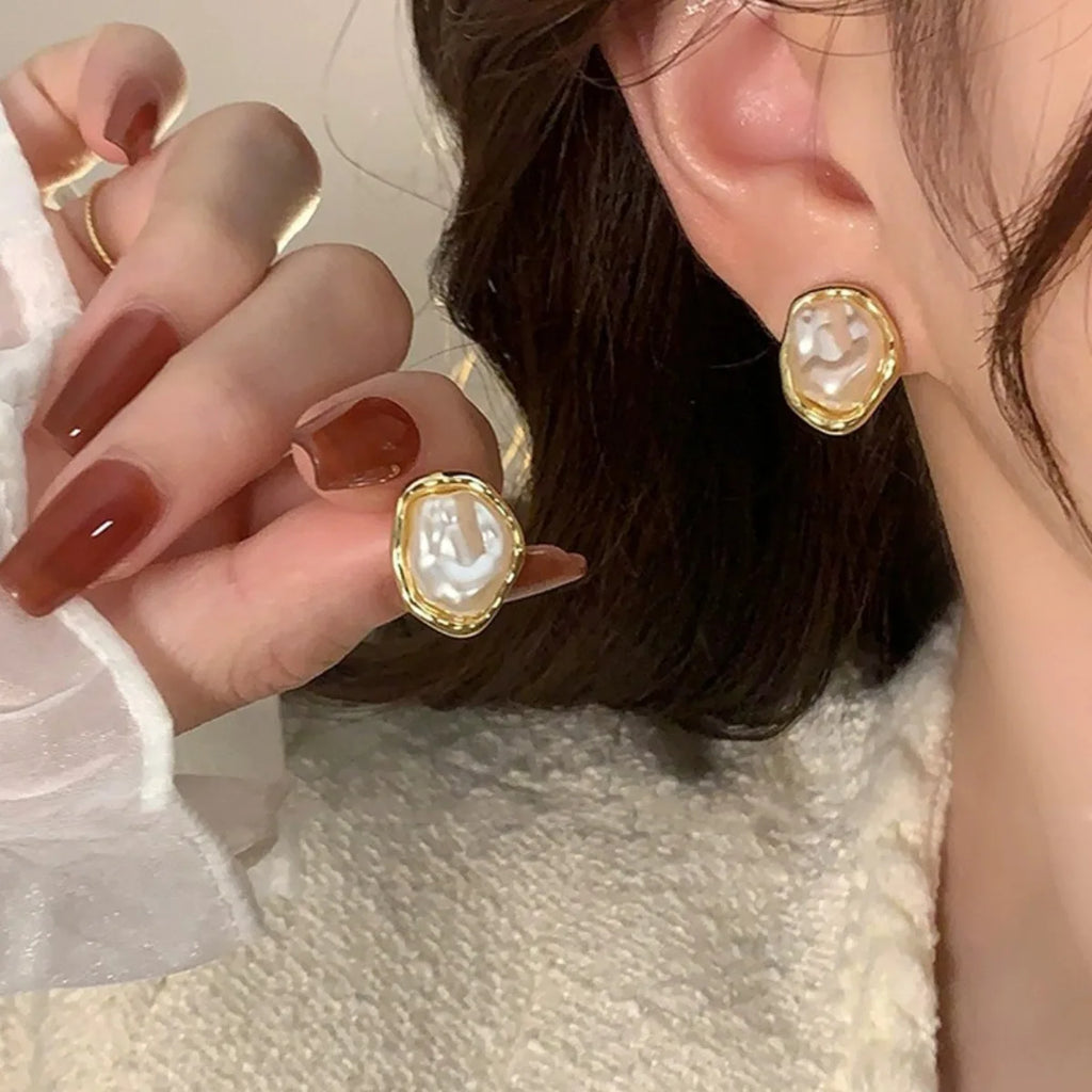 Irregular Pearl & Metal Stud Earrings