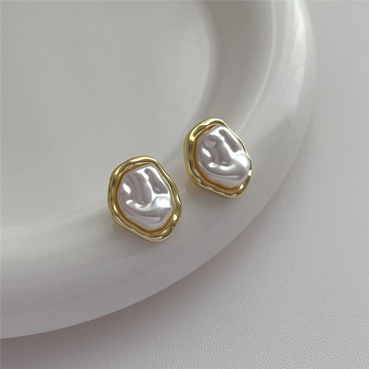 Irregular Pearl & Metal Stud Earrings