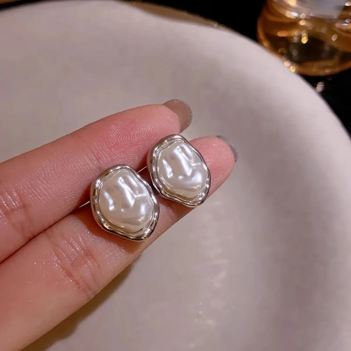 Irregular Pearl & Metal Stud Earrings