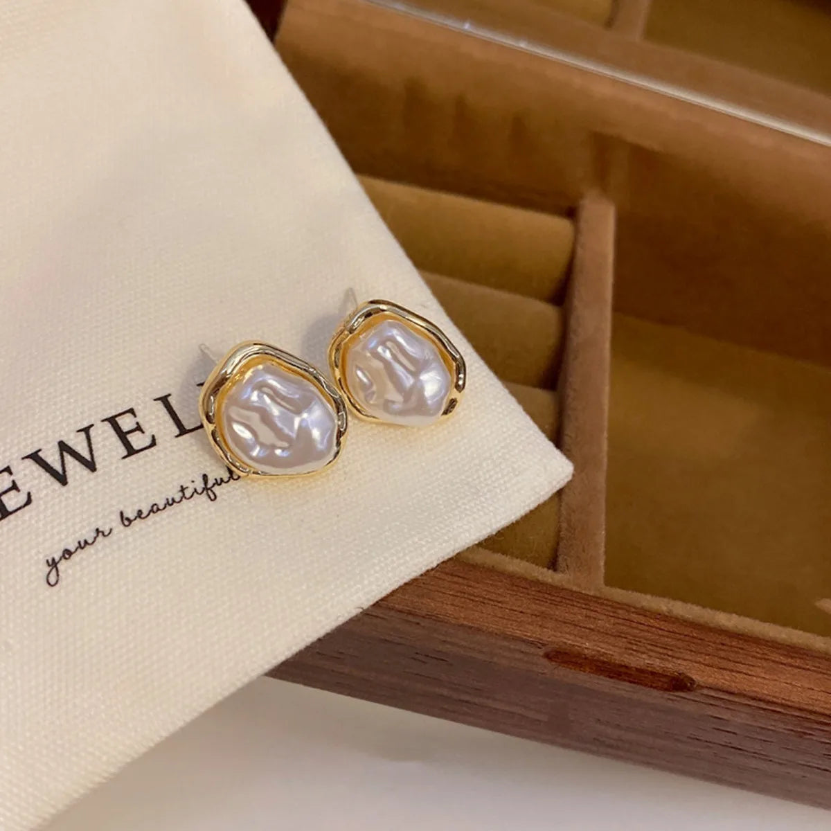 Irregular Pearl & Metal Stud Earrings