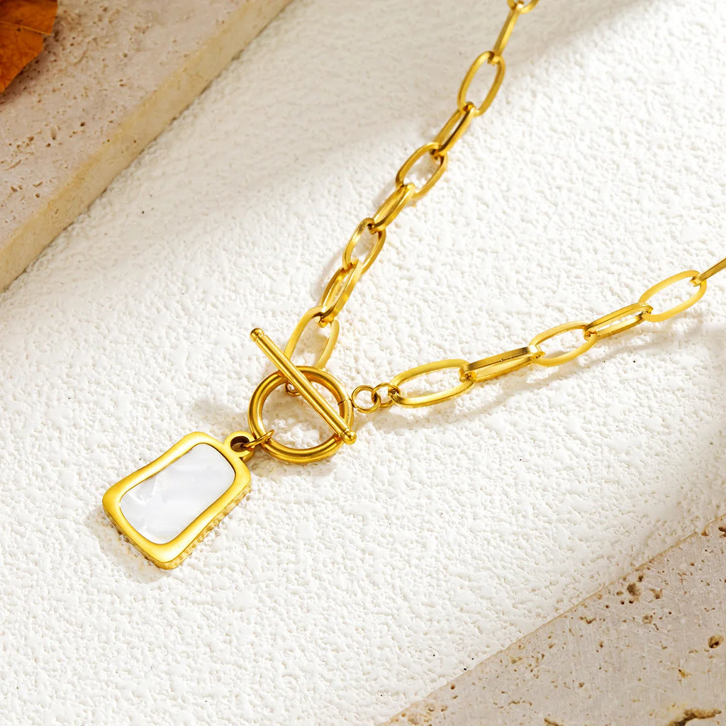 Stainless Steel Geometric Trapezoidal Pearl Pendant Necklace