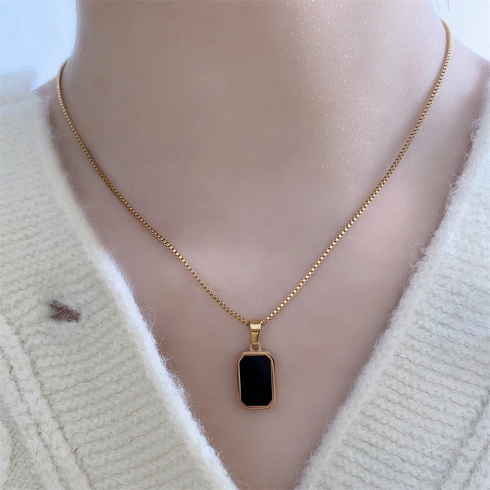 Classic Black Square Pendant Necklace