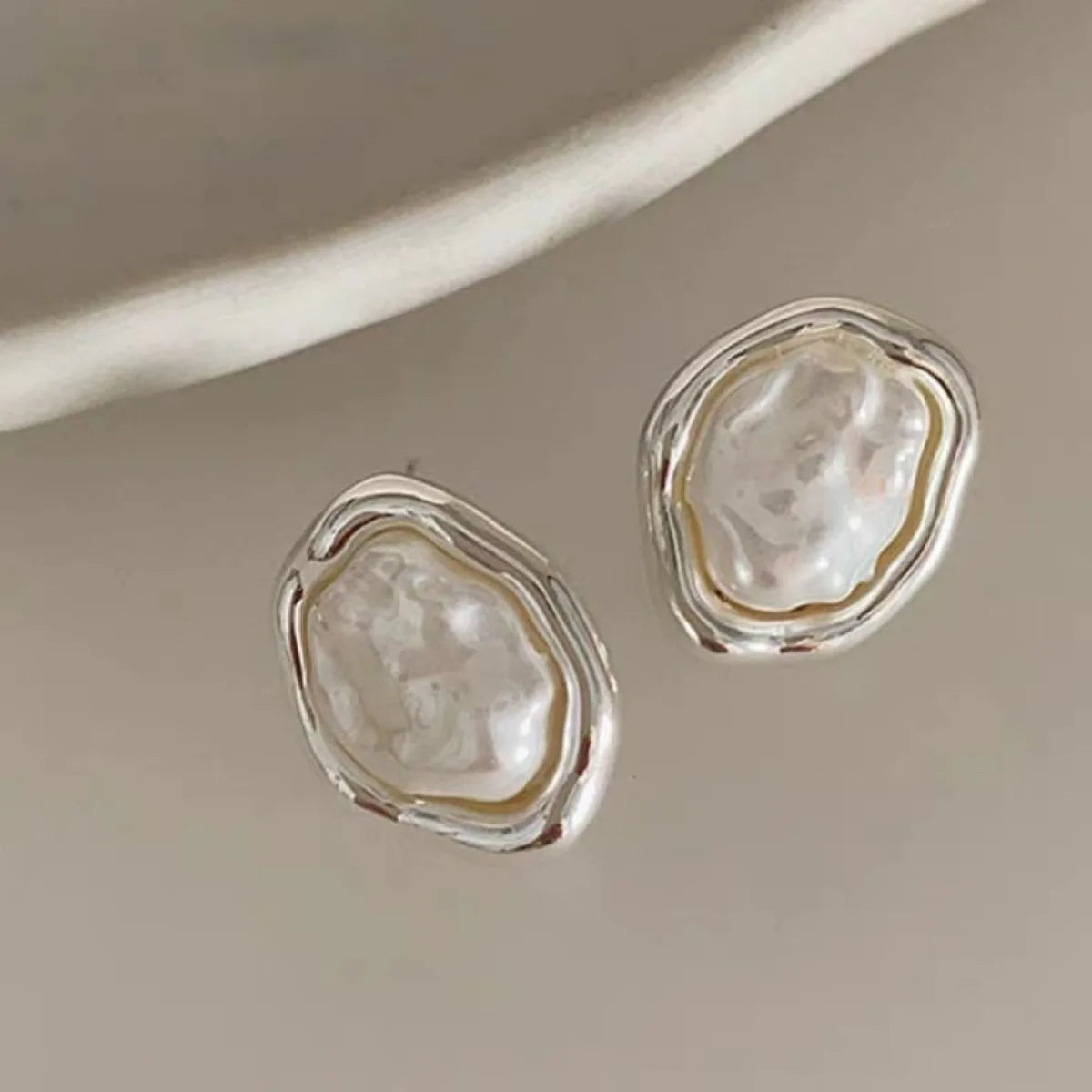 Irregular Pearl & Metal Stud Earrings