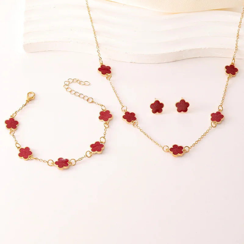 Five-Petal Flower Necklace Bracelet Earrings Set