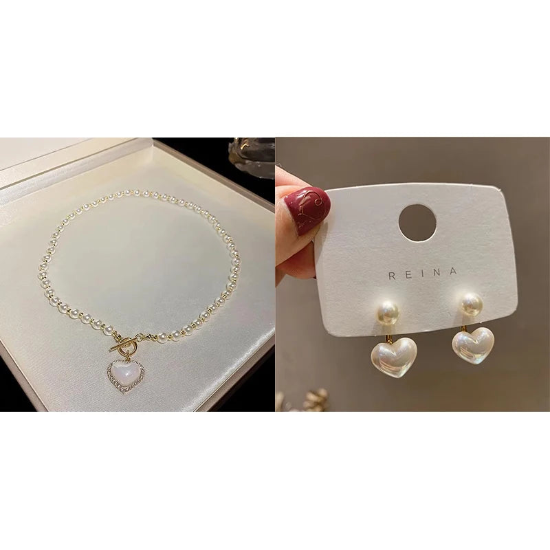 Heart Imitation Pearl Pendant Necklace and Earrings Set