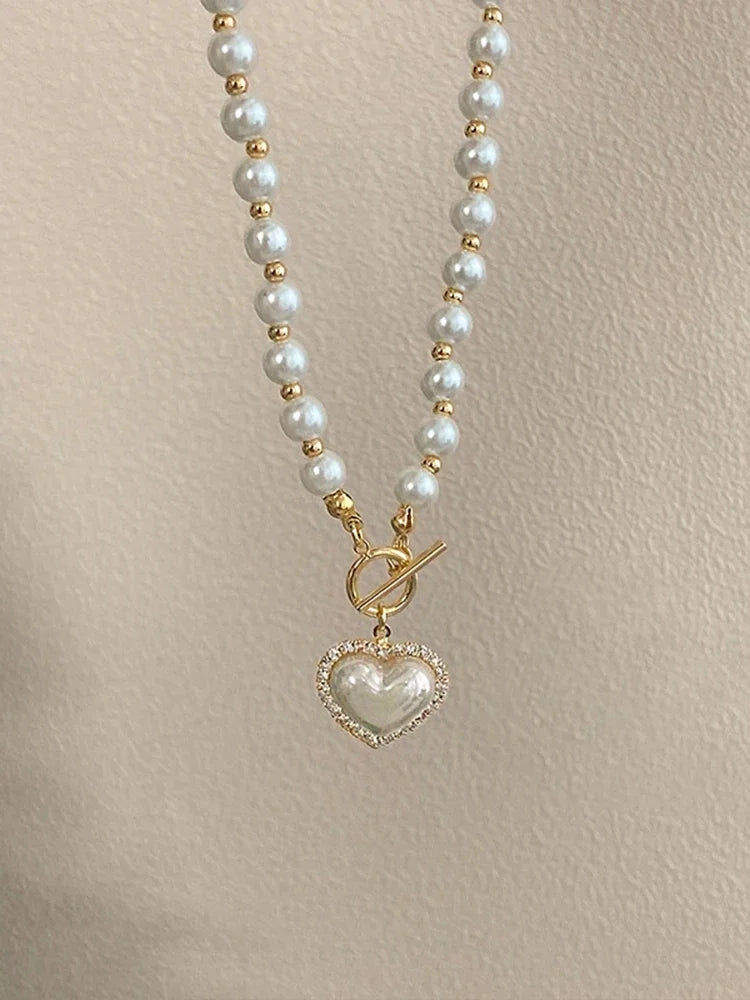 Heart Imitation Pearl Pendant Necklace and Earrings Set