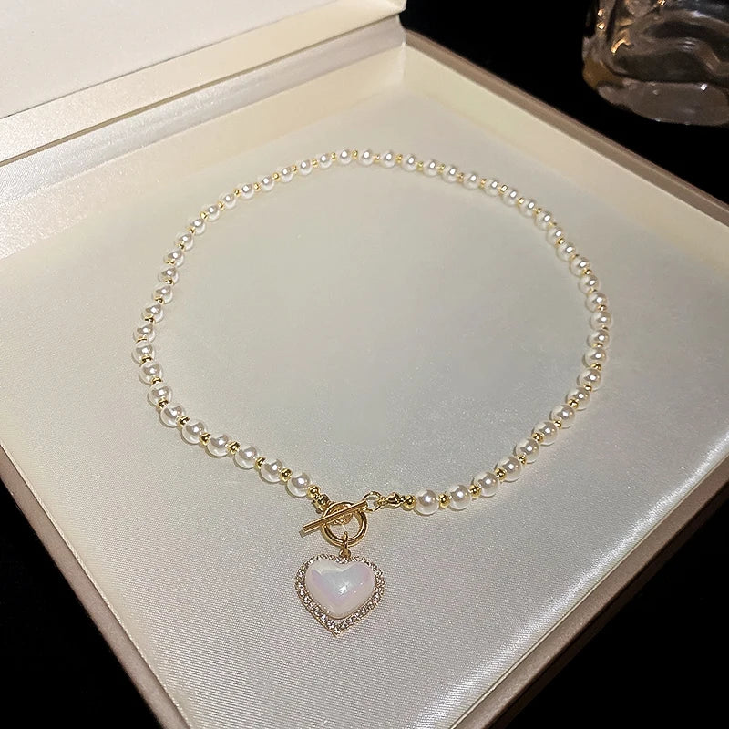 Heart Imitation Pearl Pendant Necklace and Earrings Set