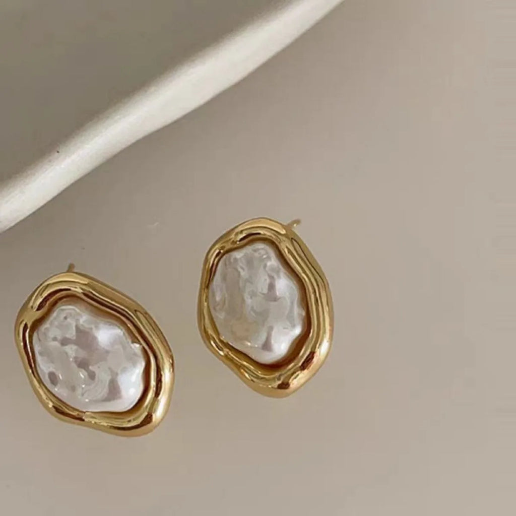 Irregular Pearl & Metal Stud Earrings